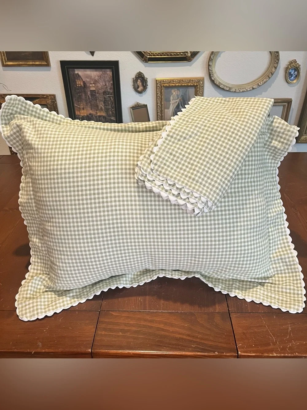 Waverly Garden Room Green Gingham Pillow Shams with White Ric Rac Edge